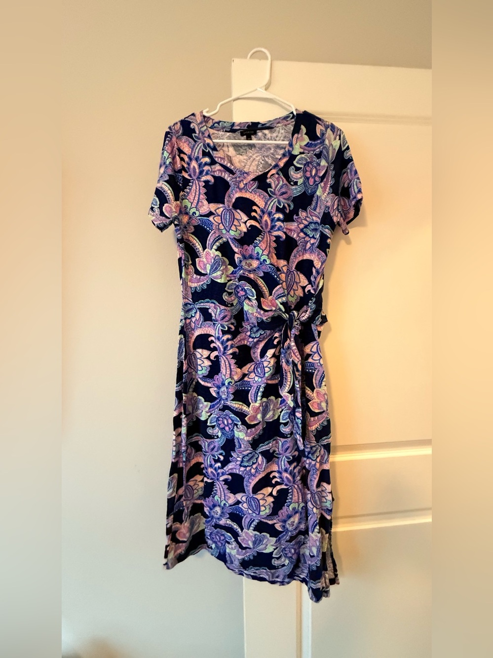 Talbots Navy Wrap Midi Dress with Purple and Pink Paisley